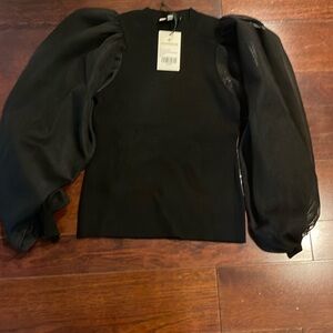 Black Puff Sleeve Ruffled Blouse